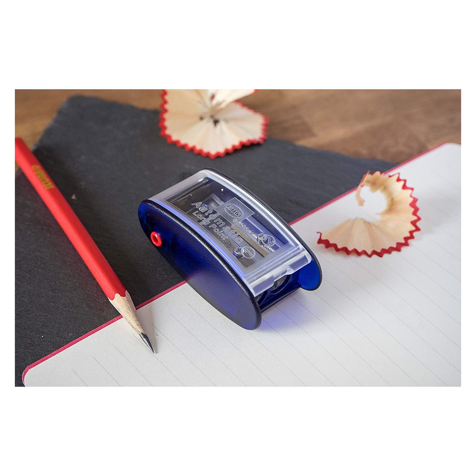 KUM - Taille-crayon conique long AS3 avec récipient, noir | Taille-crayons avec 2 lames de rechange pour un affûtage précis des crayons à papier et